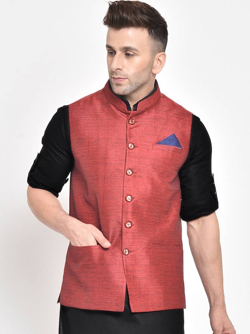 Men's Maroon Viscose
 Woven Design Nehru Jackets